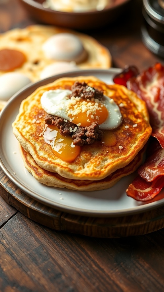 Savory carnivore pancakes made from ground beef and eggs, served with bacon on a rustic table.